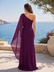 One-Shoulder Cape Overlay Plum High Slit Evening Dresses