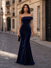 Navy Blue One-Shoulder Velvet Floor-Length Gown Dress