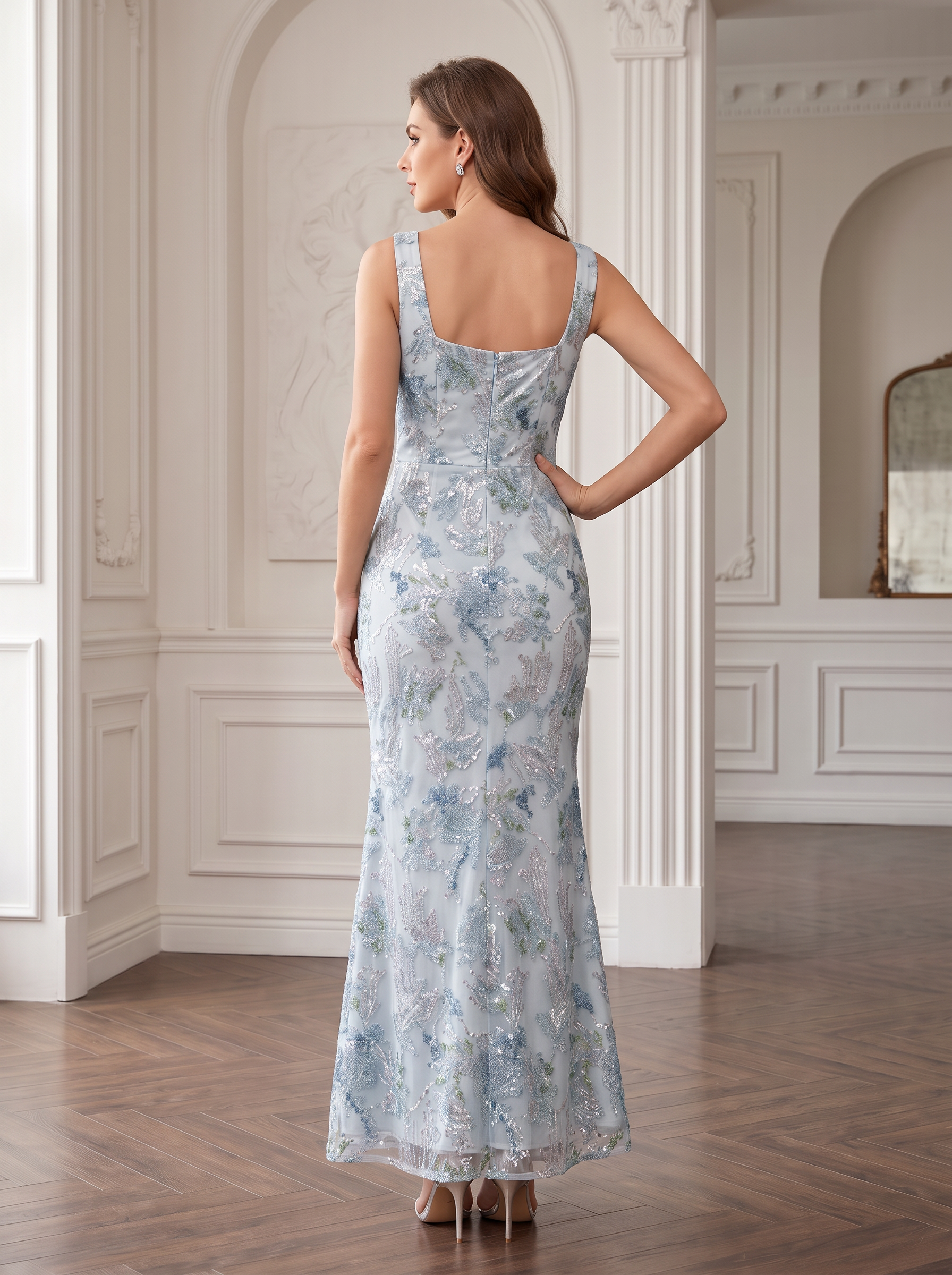 Light Blue Floral Beaded Mesh Square Neck Column Floor-Length Gown Dress