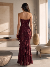 Burgundy Sequin Strapless Floor-Length Gown Dress