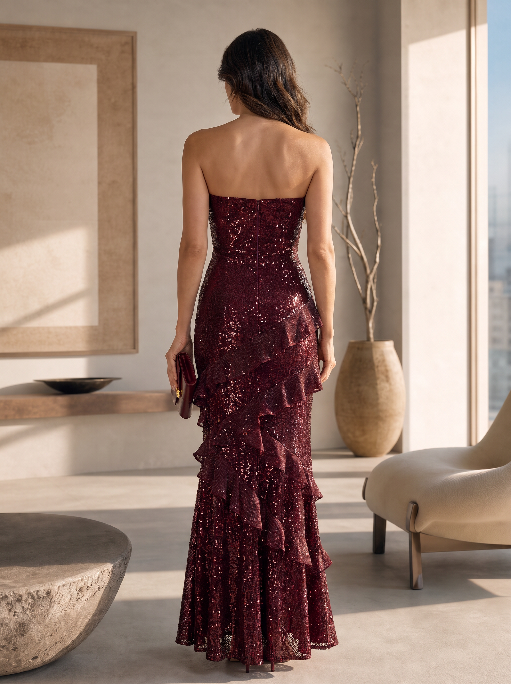 Burgundy Sequin Strapless Floor-Length Gown Dress