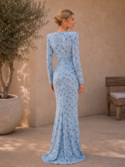 Light Blue V-Neck Long Sleeve Sequin Floral Floor-Length Gown Dress
