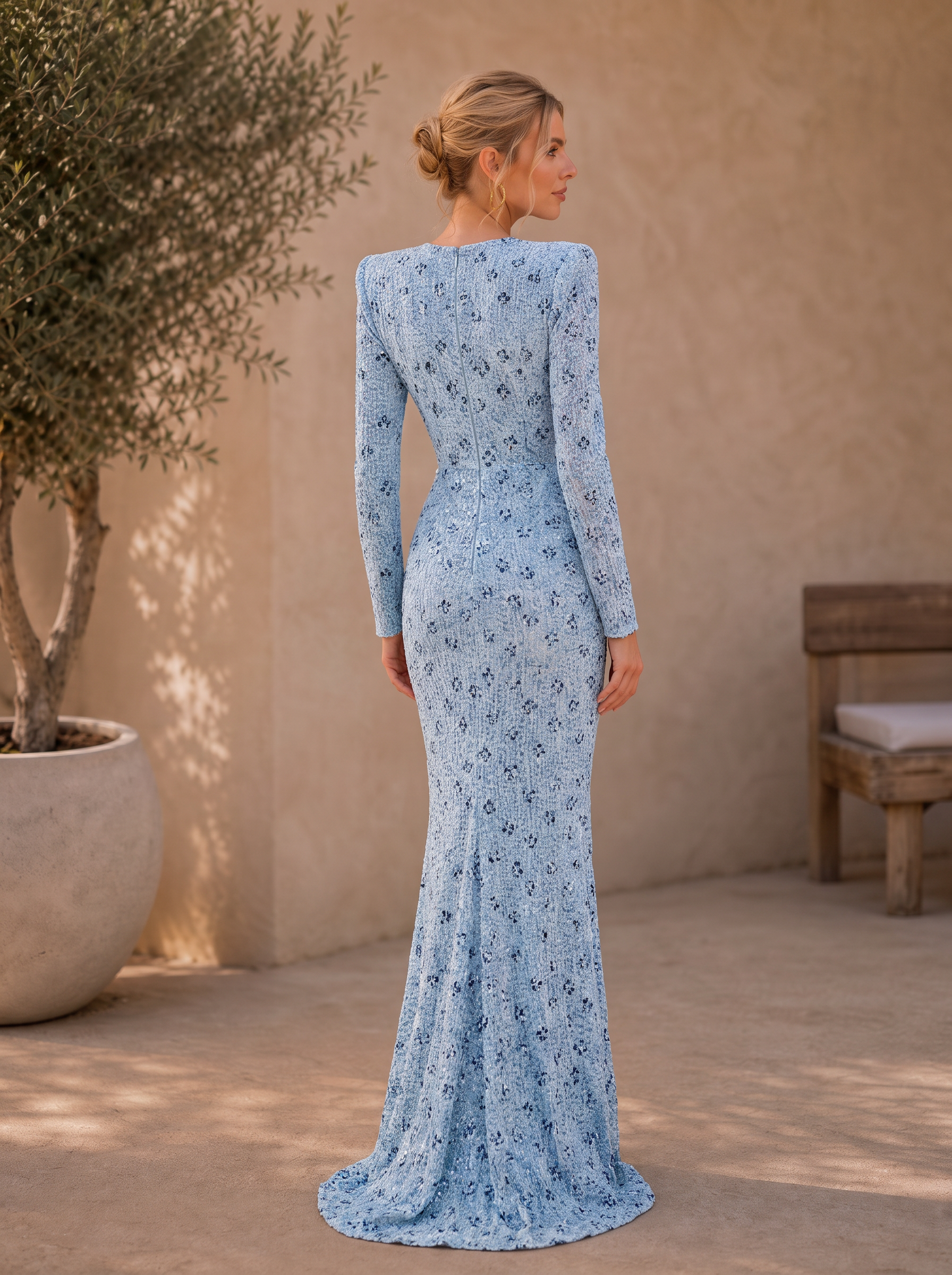 Light Blue V-Neck Long Sleeve Sequin Floral Floor-Length Gown Dress