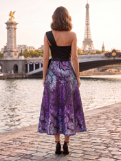 Purple and Black Satin and Sequin Mesh One-Shoulder Bow Sashing A-Line Midi Gown Dress