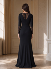Black Lace Trim Long-Sleeve Mermaid Floor-Length Gown Dress