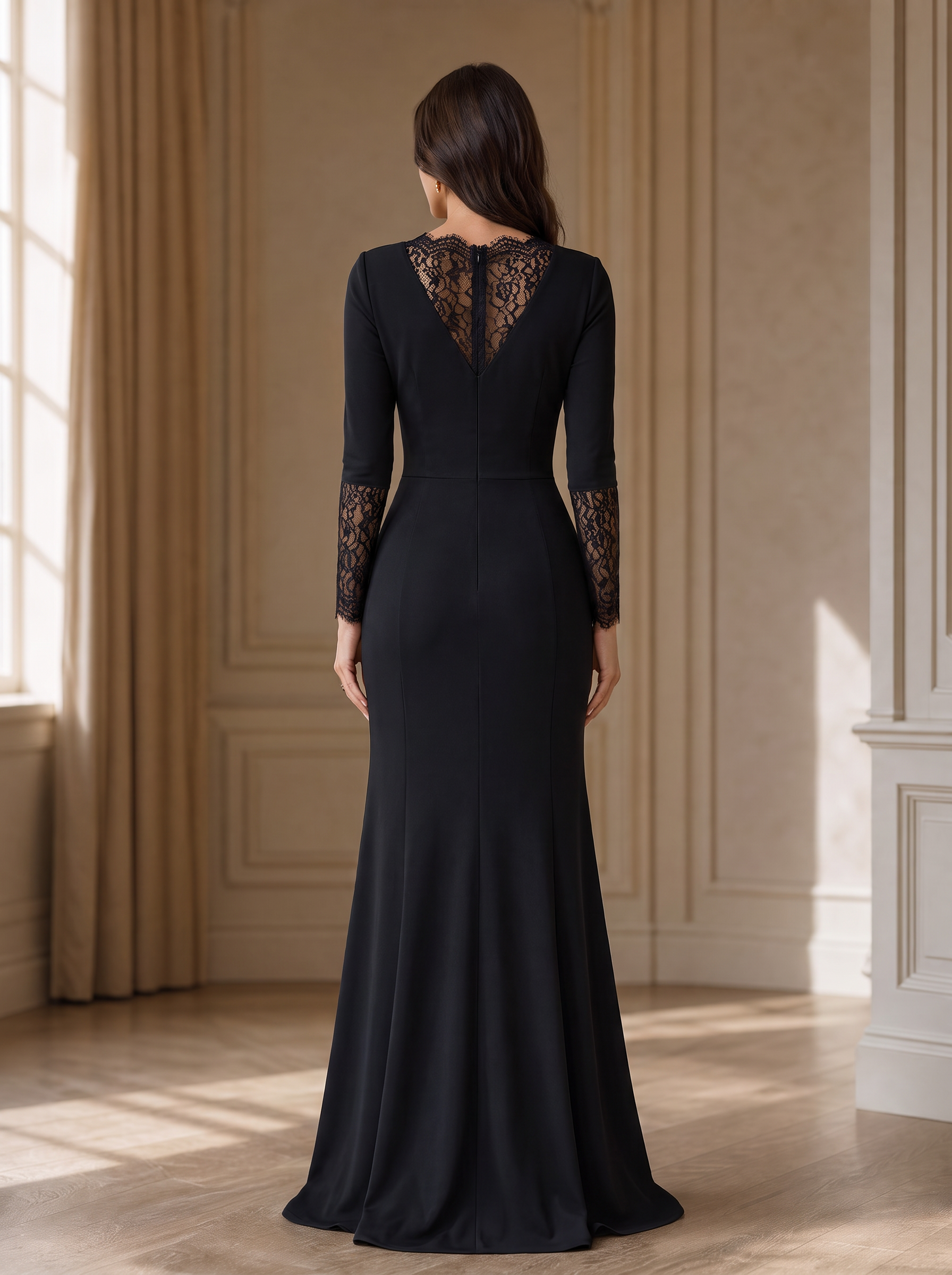 Black Lace Trim Long-Sleeve Mermaid Floor-Length Gown Dress