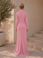 Dusty Pink Mock Neck Long Sleeve 3D Floral High-Slit Floor-Length Gown Dress