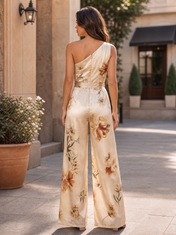 Champagne Floral One-Shoulder Wide-Leg Satin Jumpsuit