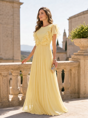 Flutter Sleeve Pleated Chiffon Gown with Ruffle Trim Mother of The Bride Dresses