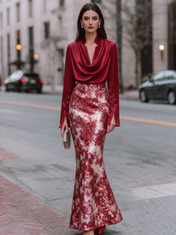 Ruby Red Cowl Neck Long Sleeve Sequined Tie-Dye Sheath Floor-Length Gown Dress