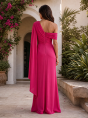 Fuchsia Chiffon One-Shoulder Draped High-Slit Sheath Floor-Length Gown Dress