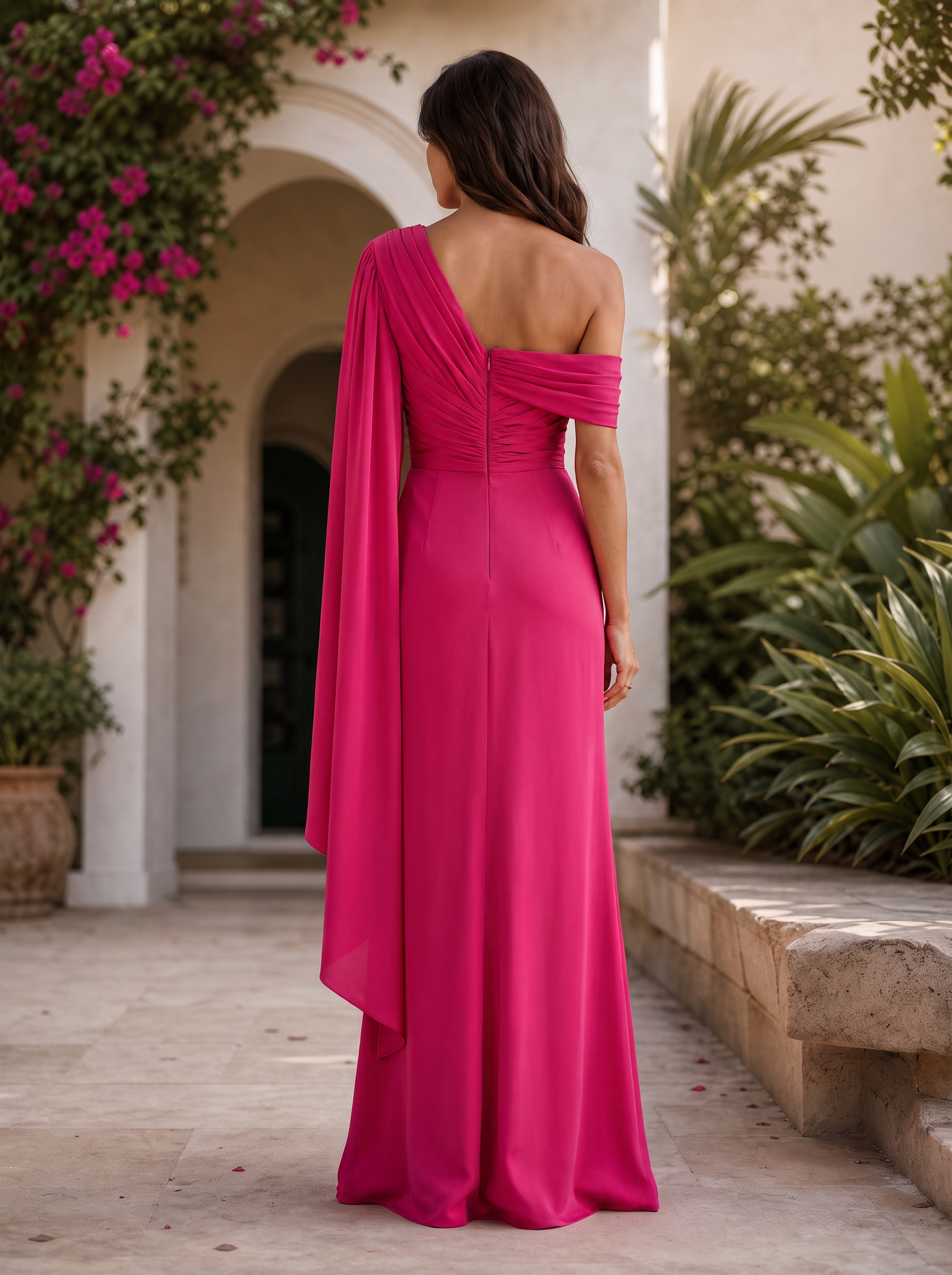 Fuchsia Chiffon One-Shoulder Draped High-Slit Sheath Floor-Length Gown Dress