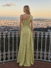 One-Shoulder Chartreuse Green Beaded Evening Dresses with Ring Waist Accent and Side Slit
