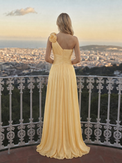 One-Shoulder Butter Yellow Pleated Chiffon Evening Dresses with Rosette Accent and Side Slit