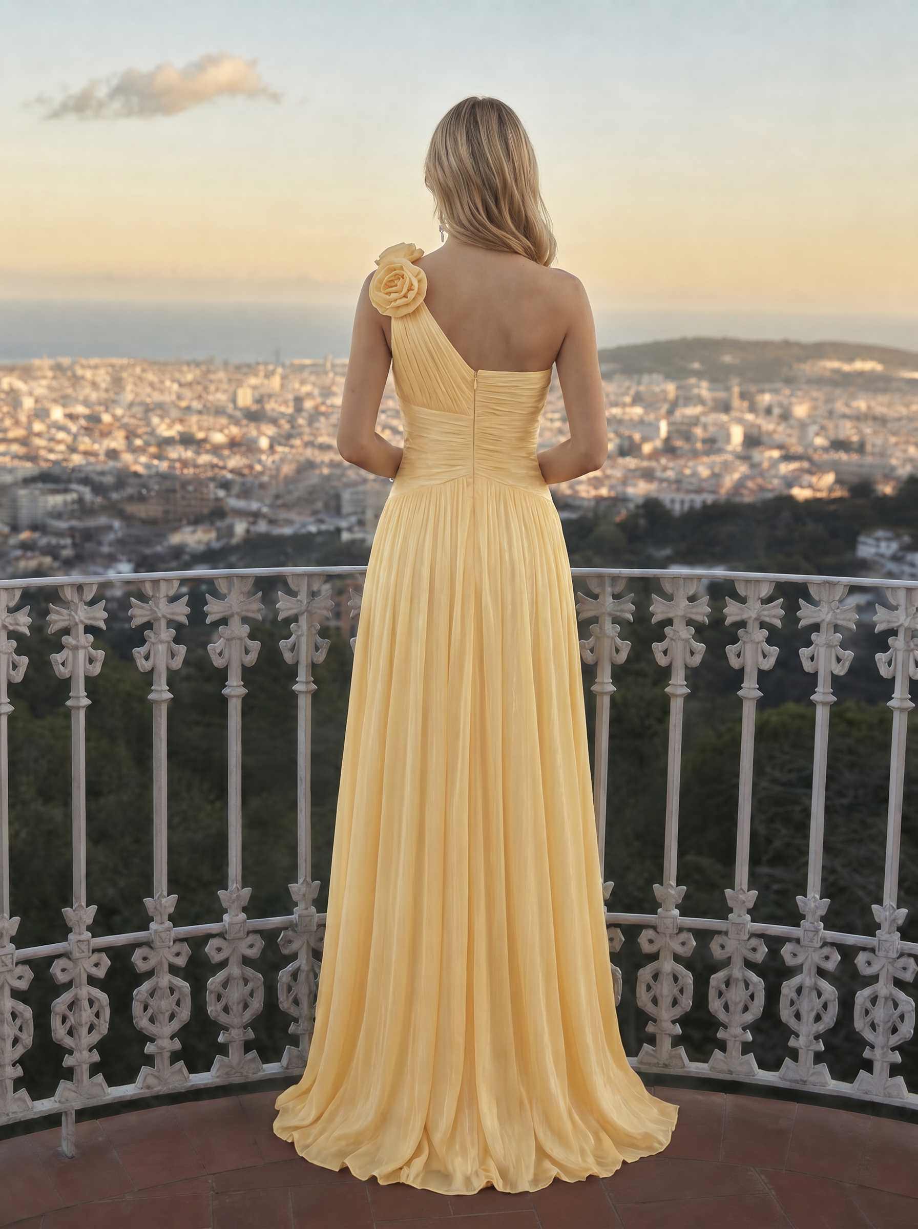 One-Shoulder Butter Yellow Pleated Chiffon Evening Dresses with Rosette Accent and Side Slit