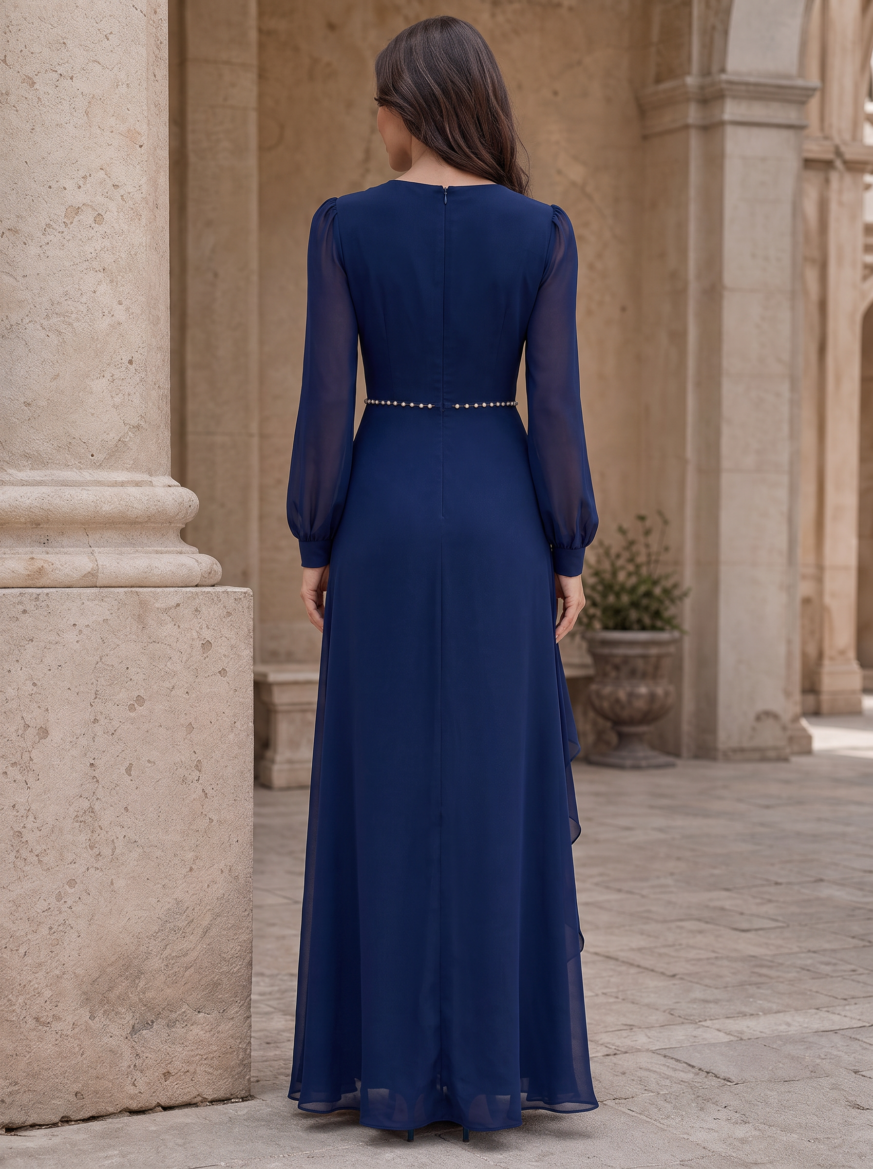 Navy Blue Crew Neck Long Sleeve Ruffled A-Line Floor-Length Gown Dress