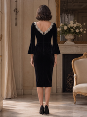 Black Beaded Scoop Neck Long Sleeve Knee-Length Cocktail Dress