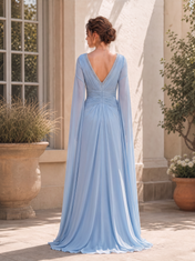 Light Blue V-Neck Long Sleeve Draped Split A-Line Floor-Length Gown Dress