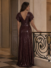 Sequin Column V-Neck Floor-Length Evening Dresses with Flutter Sleeves