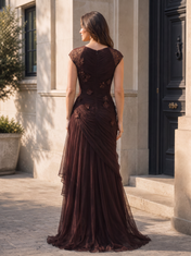 Chocolate Sweetheart Cap Sleeve Applique Ruched A-Line Floor-Length Gown Dress