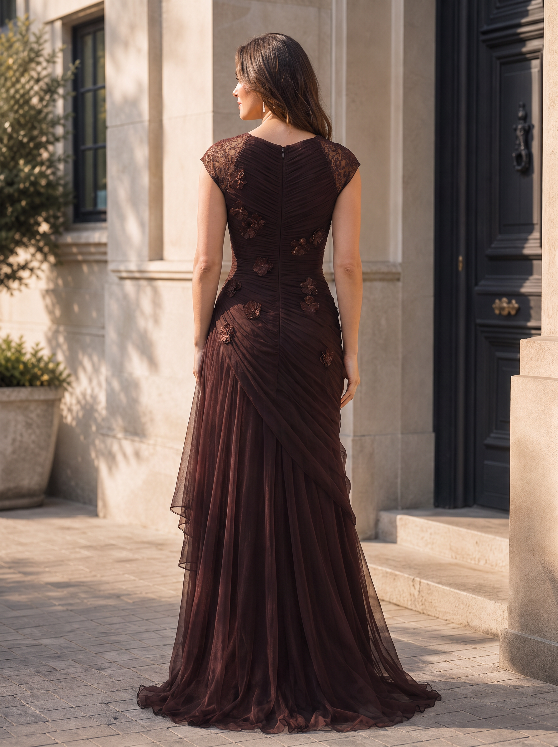 Chocolate Sweetheart Cap Sleeve Applique Ruched A-Line Floor-Length Gown Dress