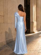 One-Shoulder Sky Blue Satin Evening Dresses with Pleated Single Sleeve and High Slit