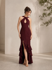 Halter Deep Burgundy Patterned Lace Evening Dresses with Keyhole Cutout and Tiered Ruffle Mermaid Skirt