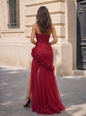 Fuchsia Tulle Strapless Floral Choker Mermaid High-Slit Floor-Length Gown Dress
