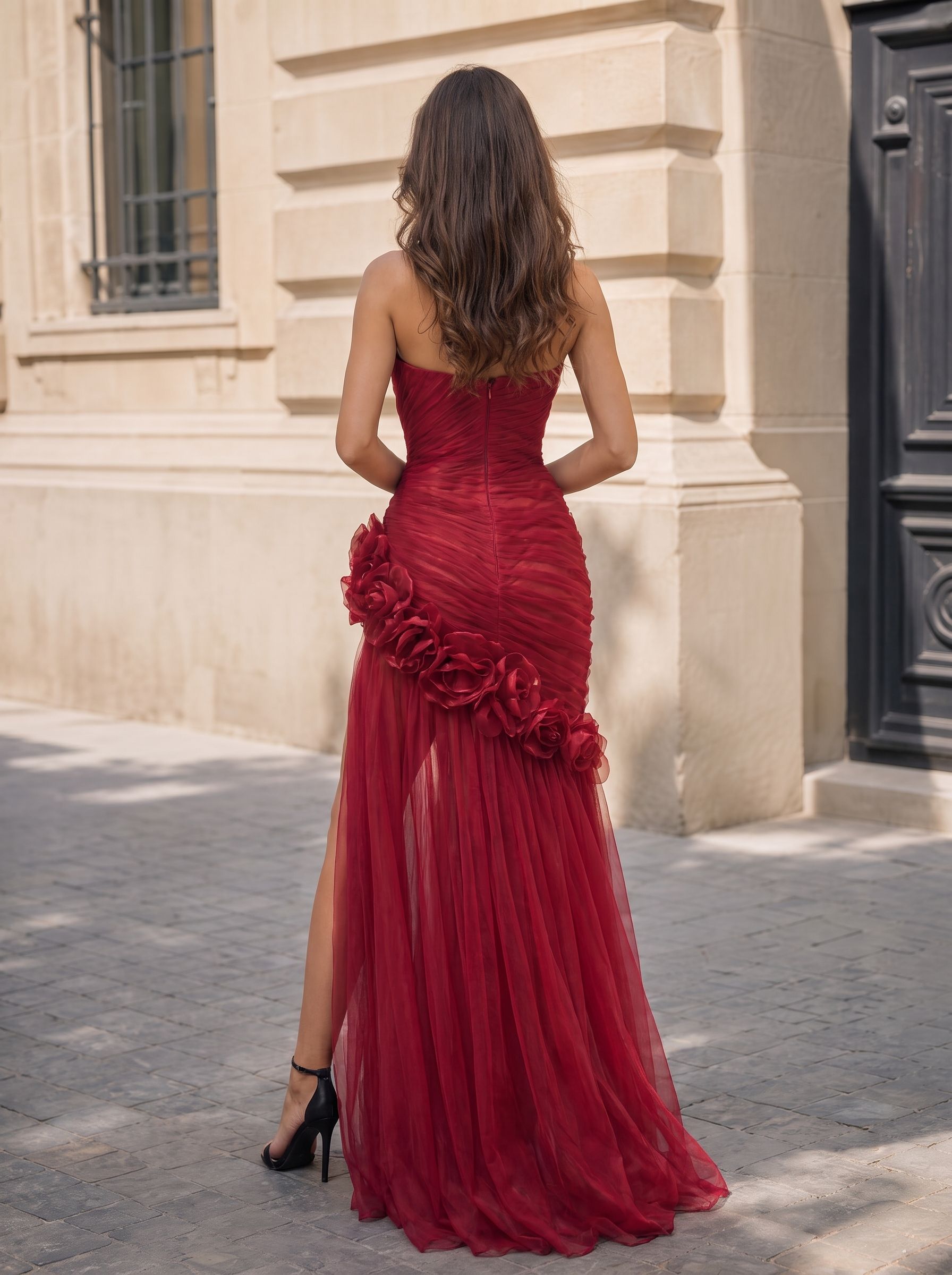 Fuchsia Tulle Strapless Floral Choker Mermaid High-Slit Floor-Length Gown Dress