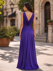 Royal Purple Cowl Neck Sleeveless Draped A-Line Floor-Length Gown Dress
