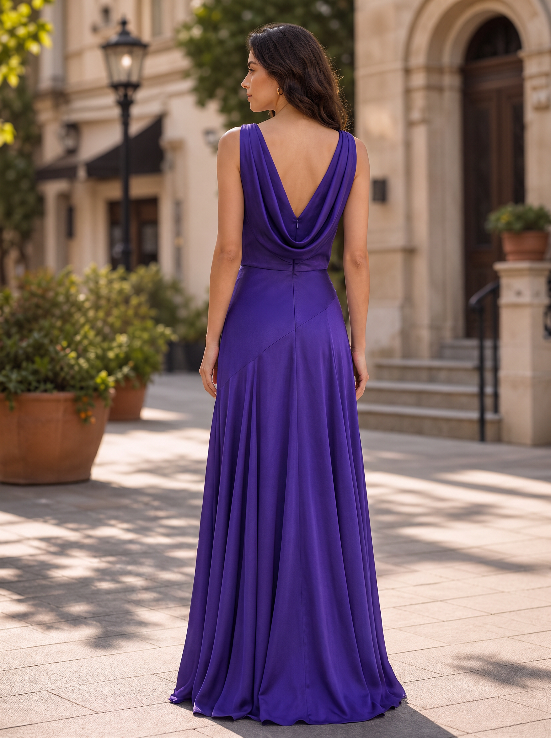 Royal Purple Cowl Neck Sleeveless Draped A-Line Floor-Length Gown Dress