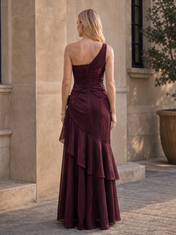 Burgundy One-Shoulder Ruched Ruffled High-Low Floor-Length Gown Dress