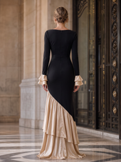 Black and Champagne Satin Crepe Keyhole Ruffled-Hem Sheath Floor-Length Gown Dress