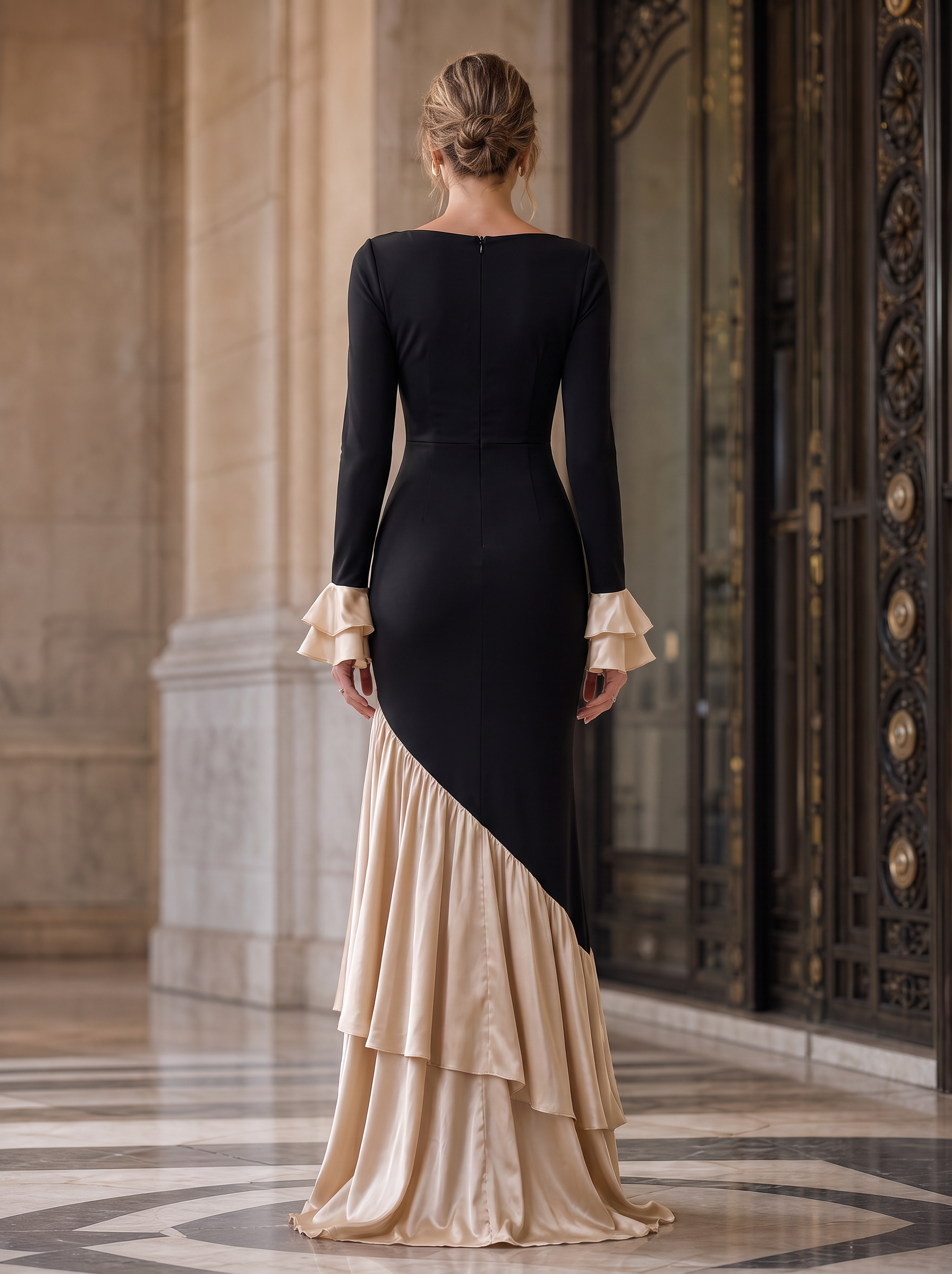 Black and Champagne Satin Crepe Keyhole Ruffled-Hem Sheath Floor-Length Gown Dress