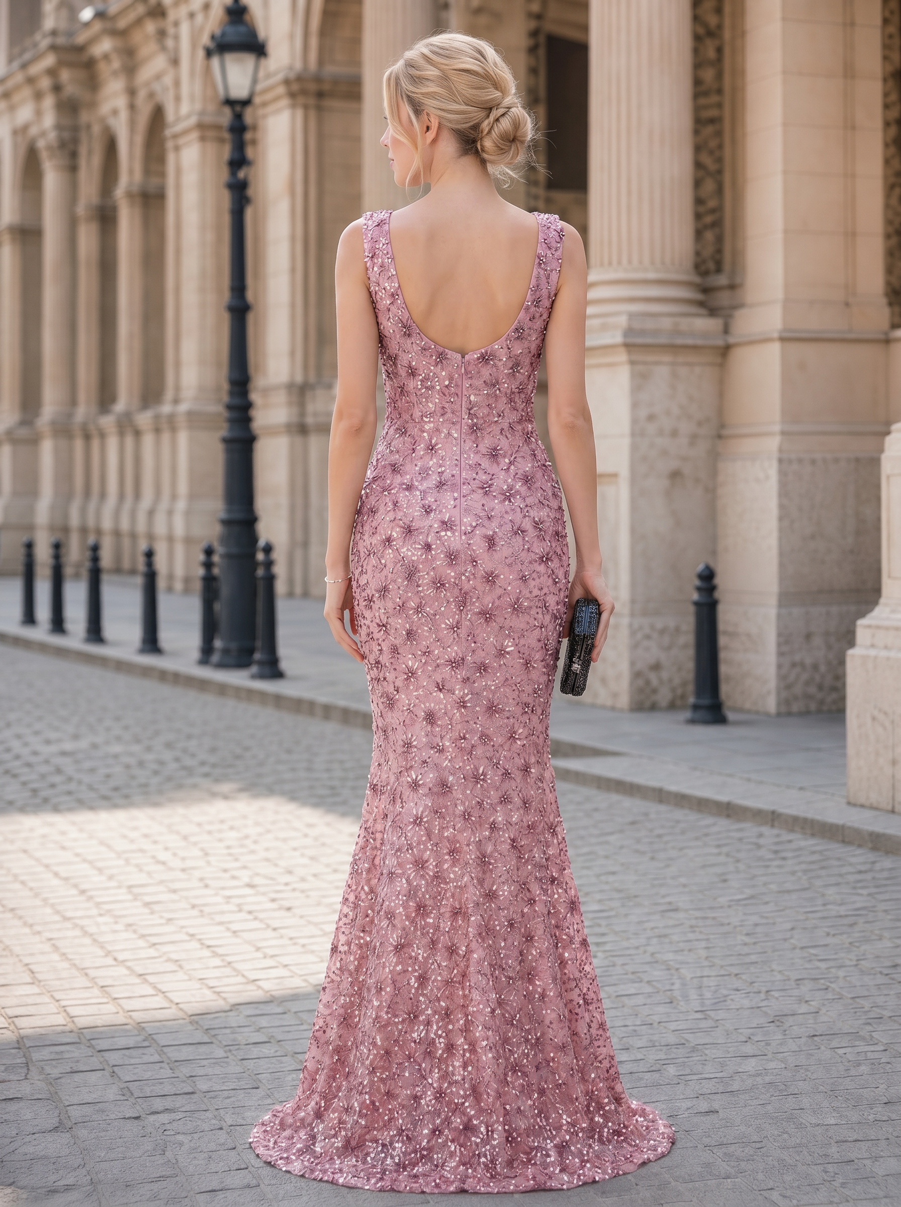 Scoop Neck Dusty Pink Beaded Sequin Evening Dresses with Floral Pattern and Trumpet Skirt