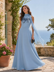 High-Neck Floral Beaded Chiffon A-Line Evening Dresses with Shoulder Drape