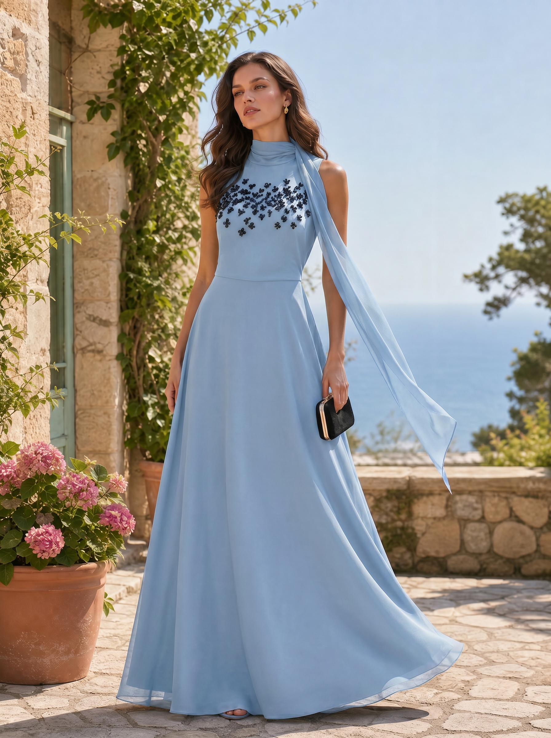 High-Neck Floral Beaded Chiffon A-Line Evening Dresses with Shoulder Drape