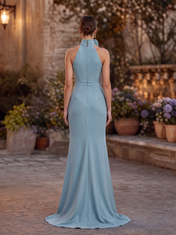 Dusty Blue Halter Neck Fringe Trim Floor-Length Gown Dress