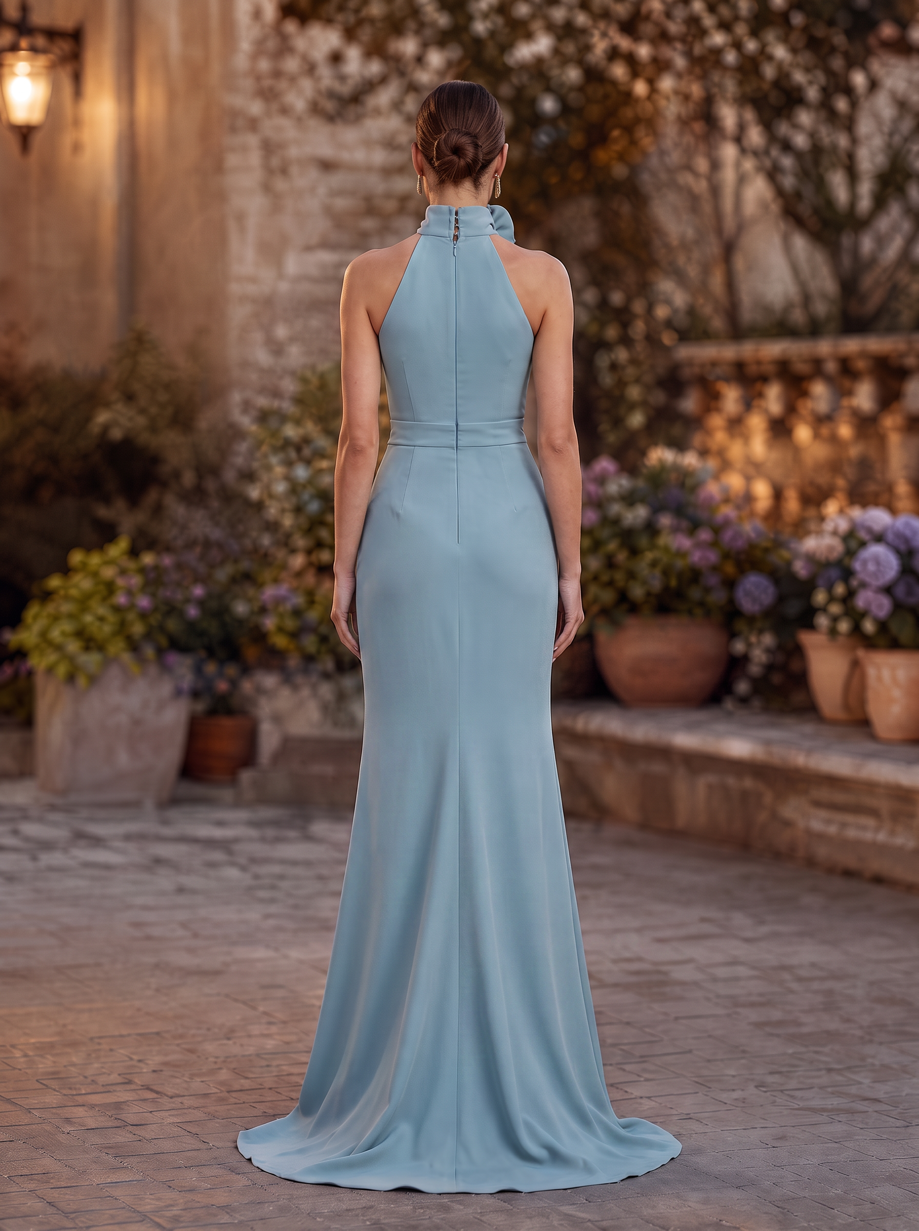 Dusty Blue Halter Neck Fringe Trim Floor-Length Gown Dress