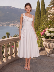 White Square Neck Floral Applique A-Line Midi-Length Gown Dress