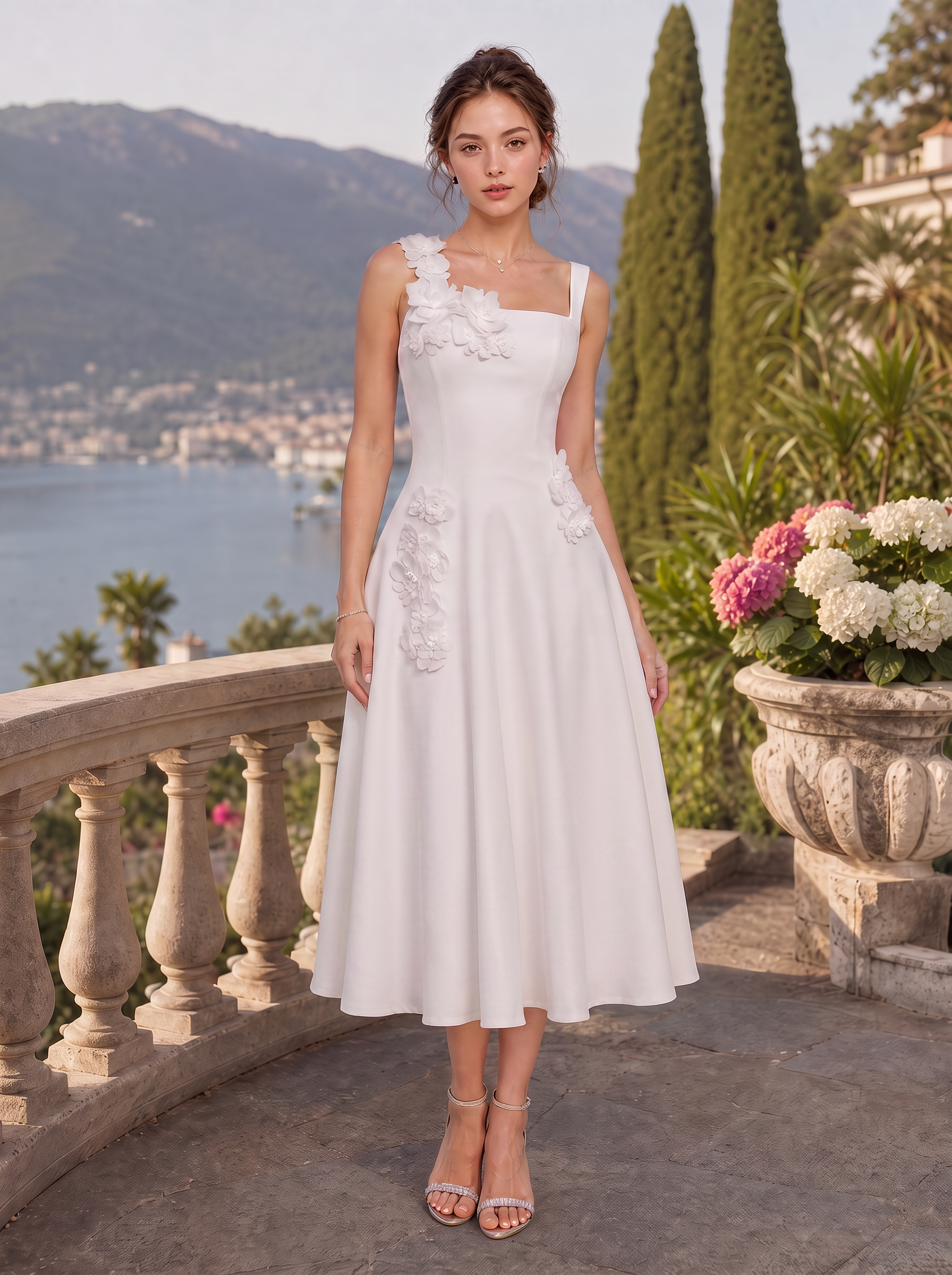 White Square Neck Floral Applique A-Line Midi-Length Gown Dress