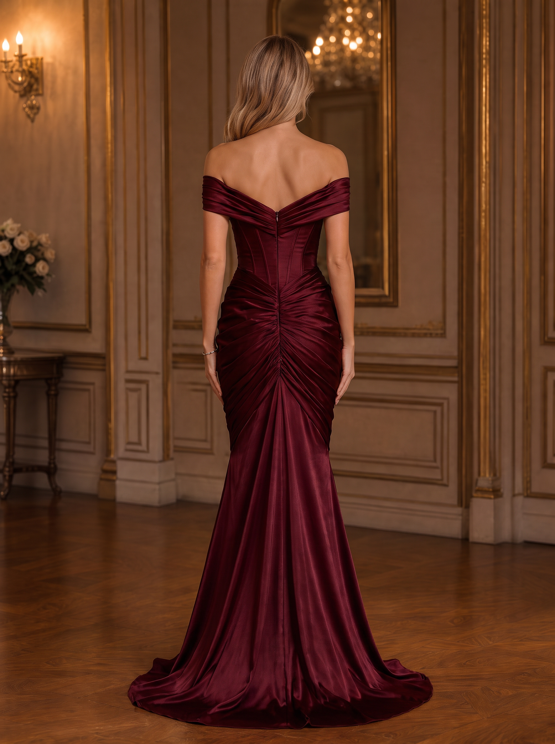 Burgundy Off-The-Shoulder Ruched Mermaid Floor-Length Gown Dress
