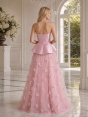 Blush Pink 3D Floral Strapless Peplum Floor-Length Gown Dress