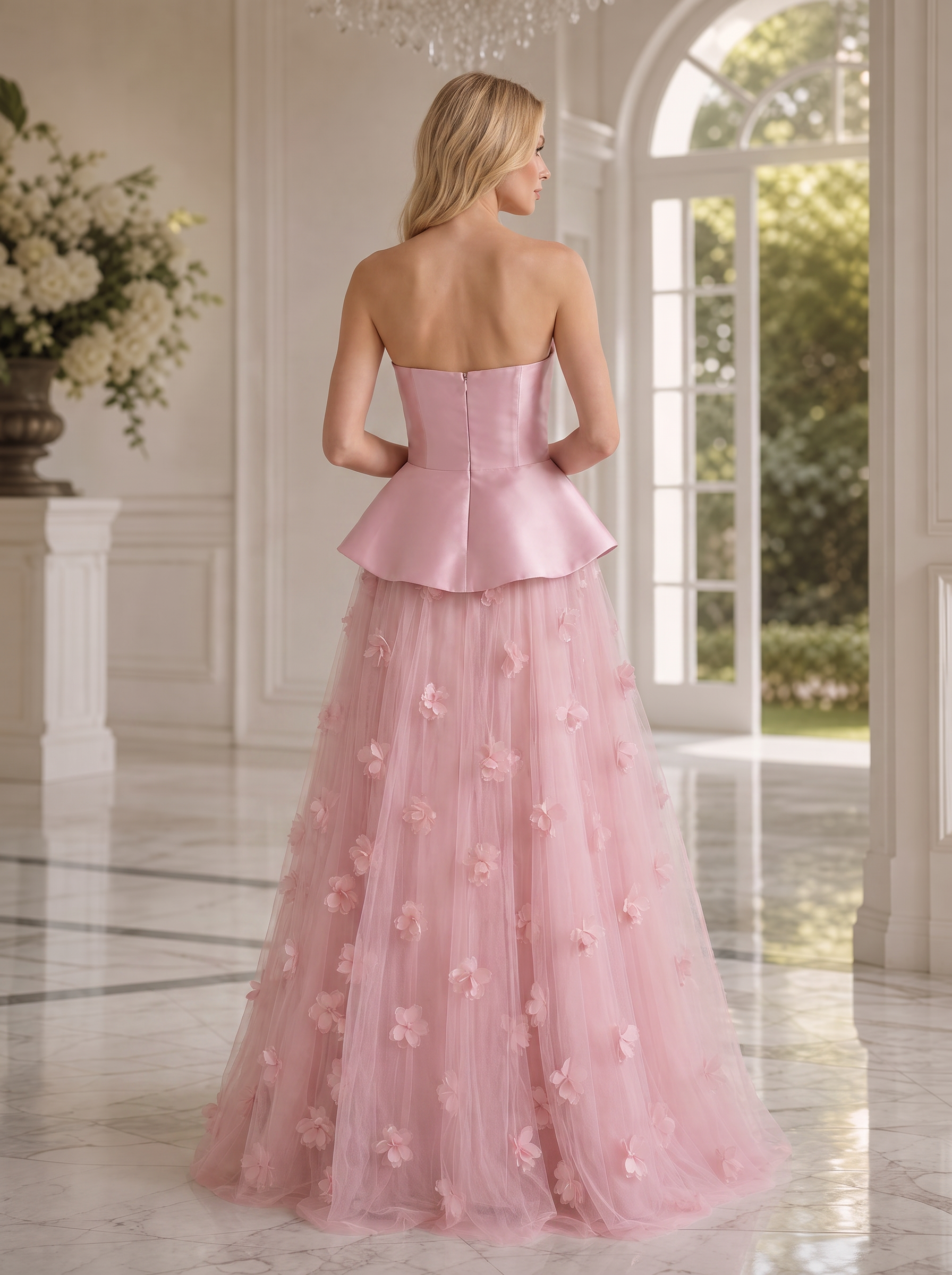 Blush Pink 3D Floral Strapless Peplum Floor-Length Gown Dress