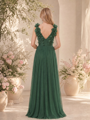 V-Neck Emerald Green Pleated Tulle Evening Dresses with 3D Floral Applique Straps