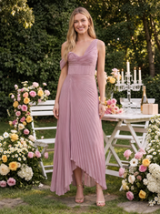 Dusty Rose One-Shoulder Pleated Draped High-Low Floor-Length Gown Dress