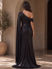 Black One-Shoulder Ruched Shimmer Floor-Length Gown Dress