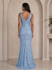 Light Blue V-Neck Sequin Lace Floor-Length Gown Dress