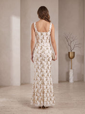 White and Gold 3D Floral Sequin Square Neck Column Floor-Length Gown Dress