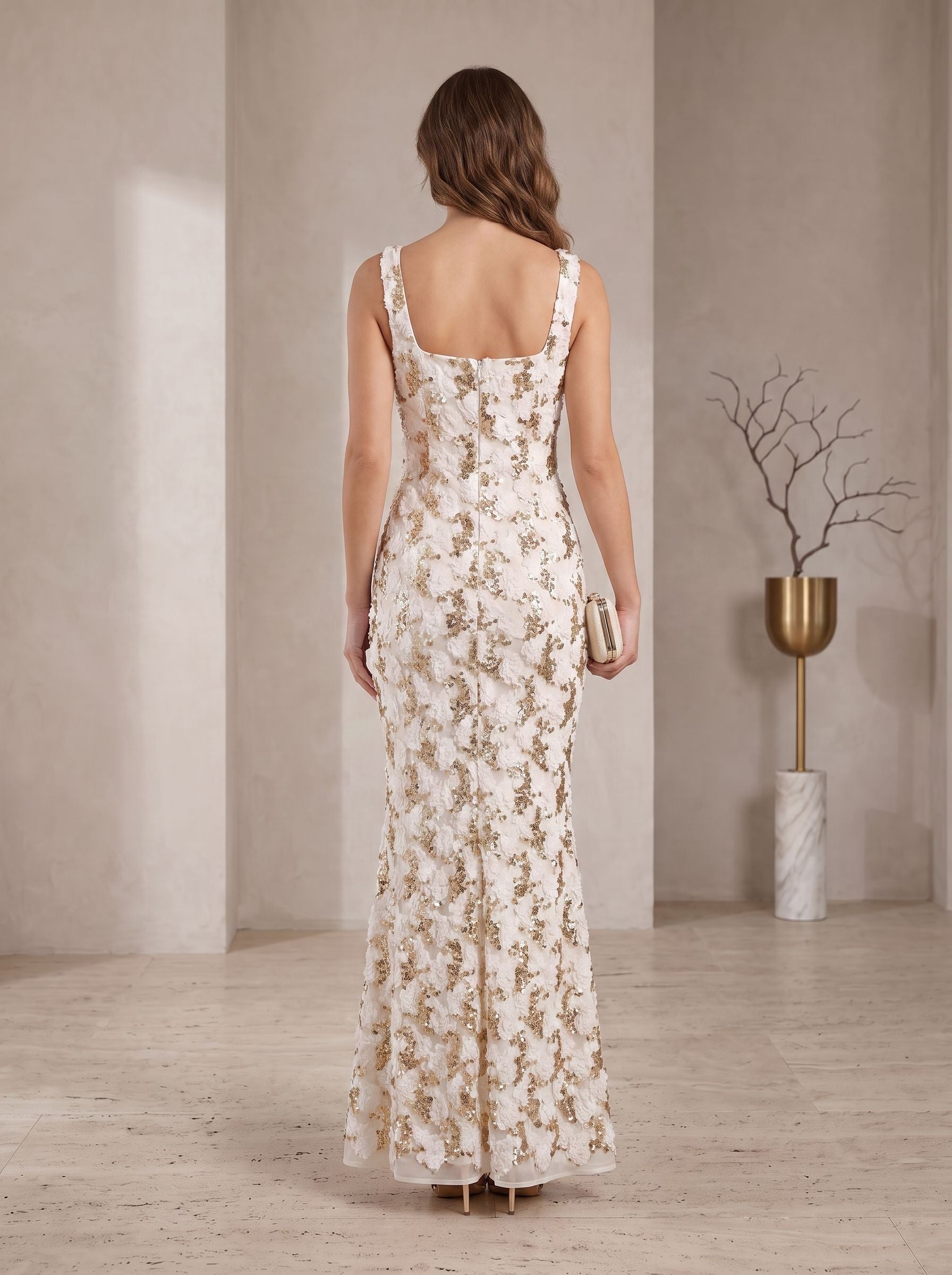 White and Gold 3D Floral Sequin Square Neck Column Floor-Length Gown Dress